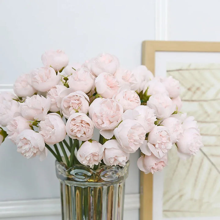 Pristine white faux peony bouquet. Classic artificial flowers for bridal decor & modern home accents.
