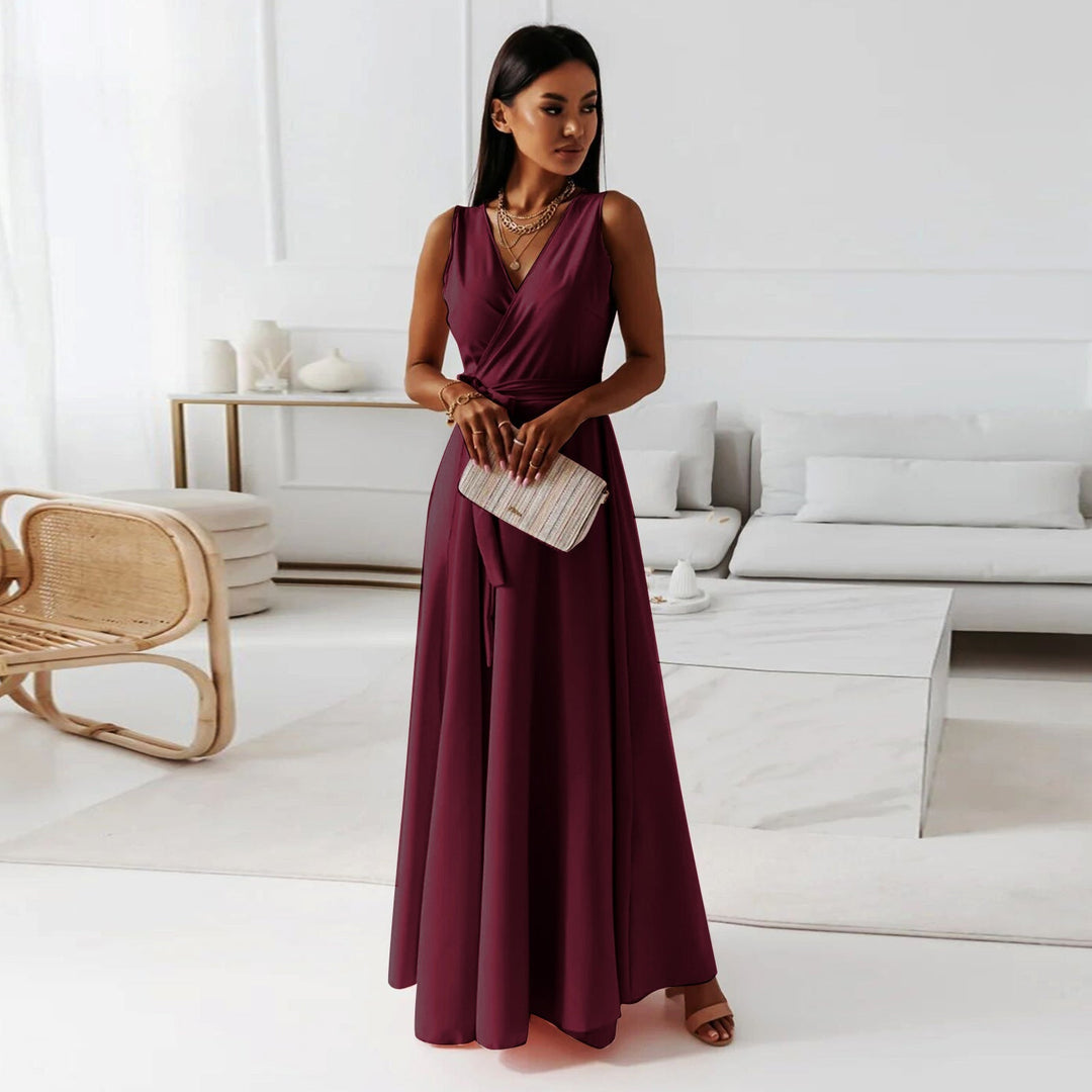 Champagne-colored elegant long faux wrap dress, flattering for any special occasion or wedding.