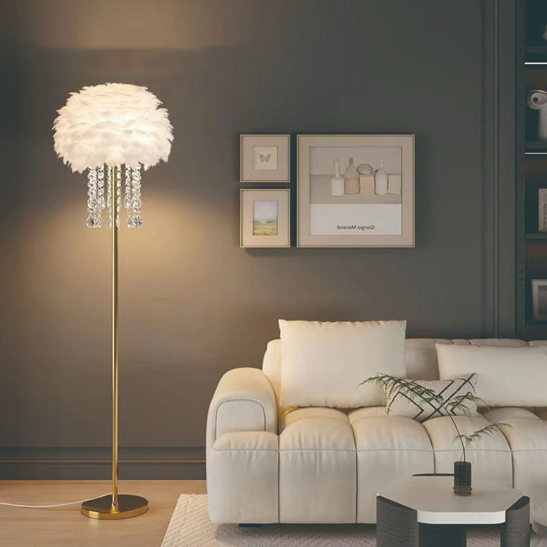 Aesthetic feather floor lamp with sparkling crystal details, ideal for living room & bedroom lighting.