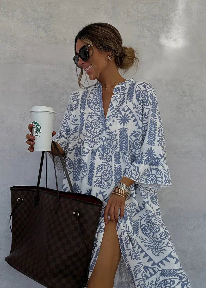 Boho elegant women's floral maxi dress, a stylish choice for spring, summer, or vacation. Comfortable & flowy.