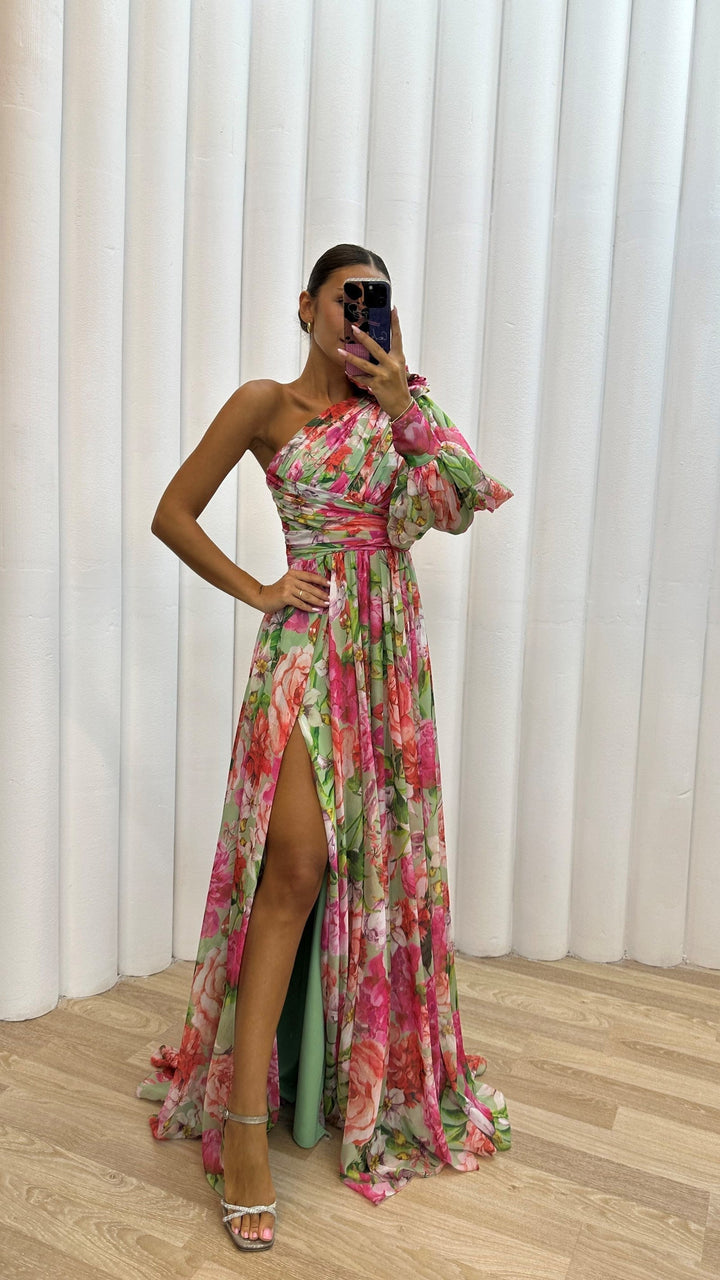Spring/summer women's dress, elegant floral design with a tasteful slit, perfect for special occasions