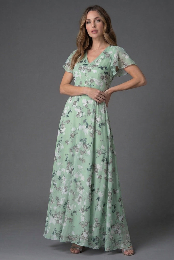 Spring/Summer elegant floral maxi dress for women, with a flattering V-neck and stylish flutter sleeves.