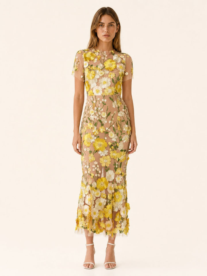 Elegant floral midi wedding guest dress for women, perfect for spring/summer occasions.