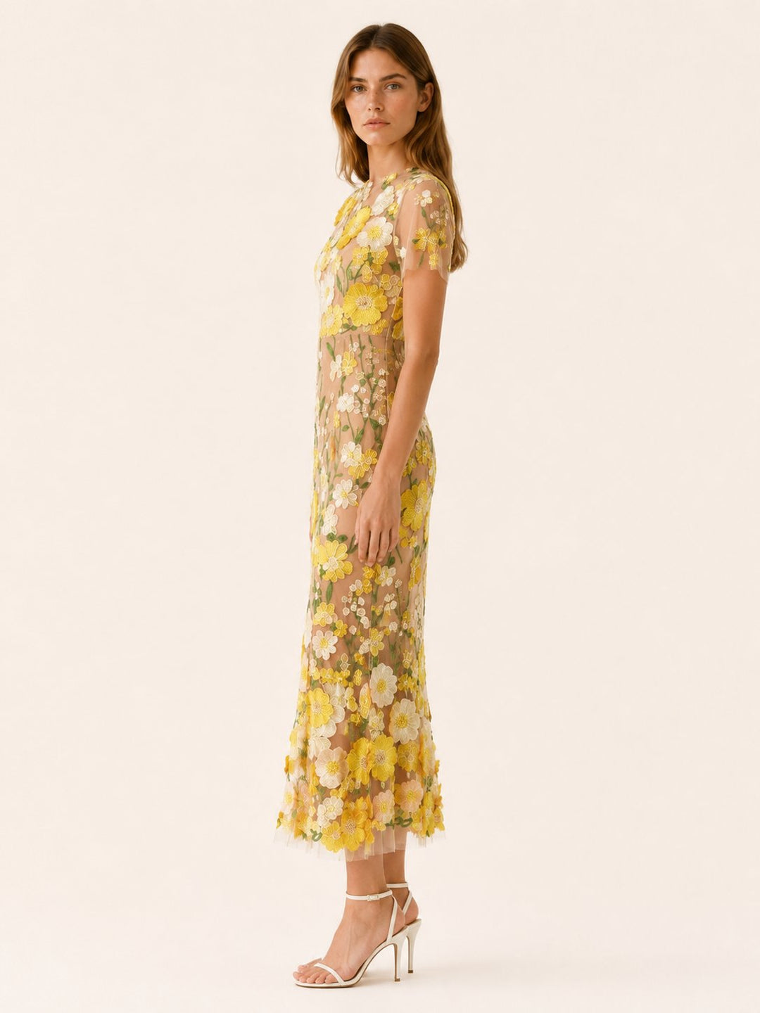 Women's elegant floral midi dress with round neck & short sleeves, ideal for formal events.