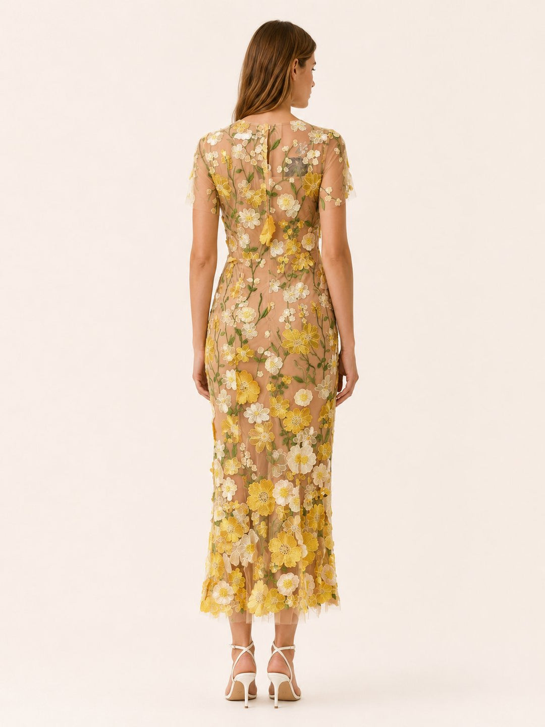 Stunning floral print midi dress, a chic wedding guest, party, or brunch outfit for women.