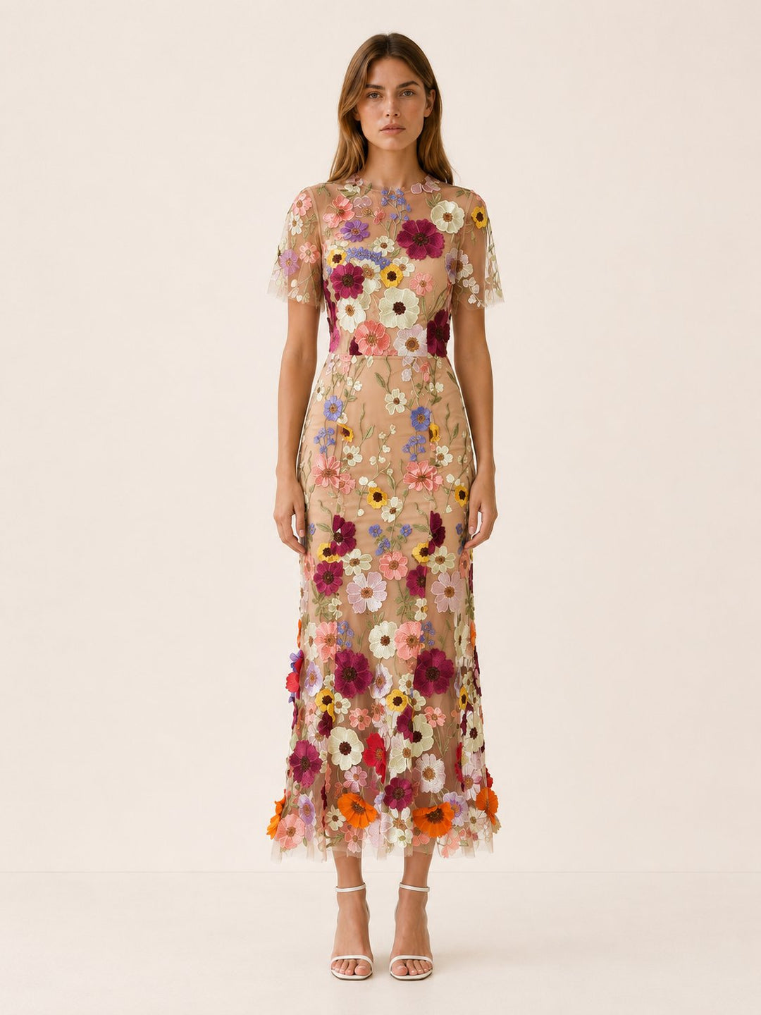 Round neck, short sleeve floral midi dress for women, an elegant choice for formal occasion wear.