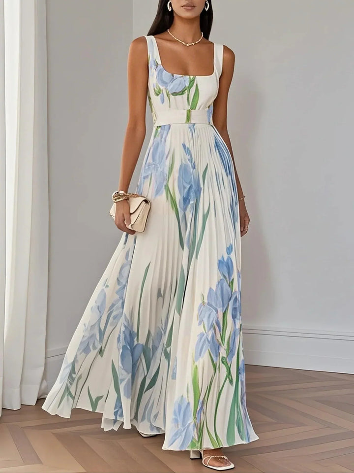 Elegant floral pleated maxi dress, perfect for wedding guests & formal summer parties.