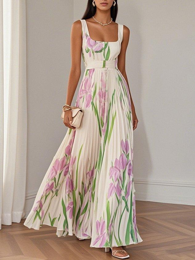 Women's elegant floral pleated square neck maxi dress, sleeveless, great for weddings & parties.