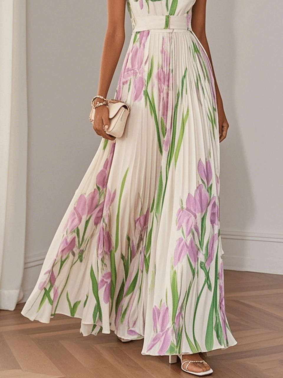 Couture style floral pleated maxi dress, square neck, elegant for special occasions.