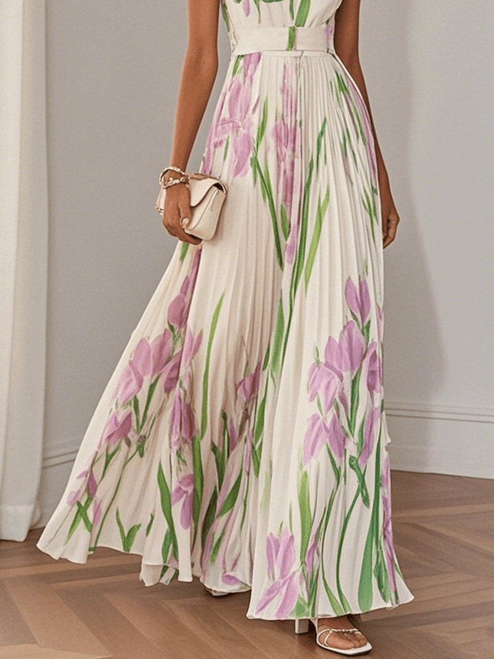 Couture style floral pleated maxi dress, square neck, elegant for special occasions.