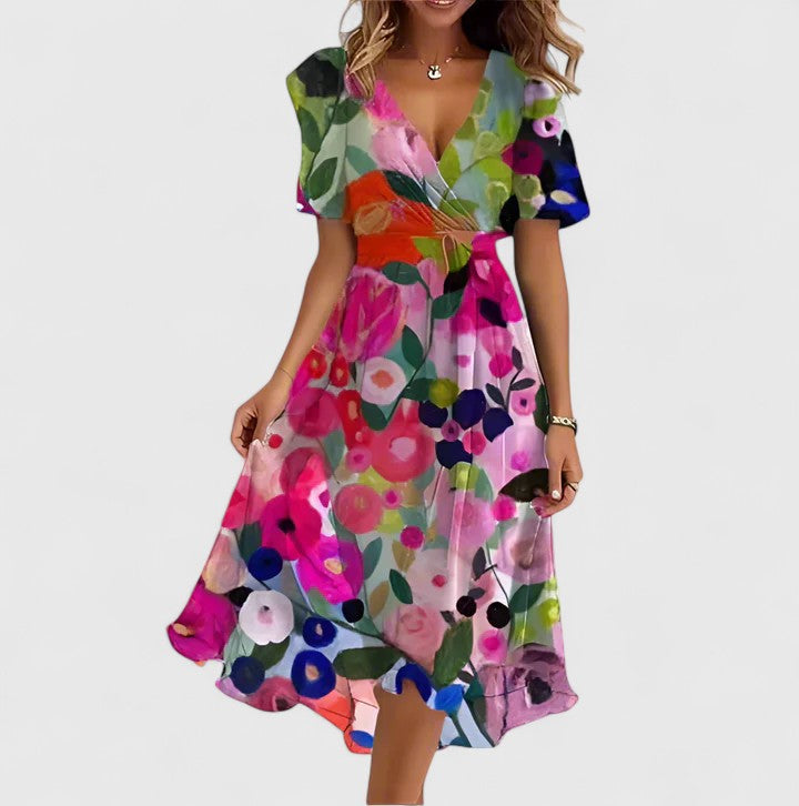 Chic women's summer floral short dress, V-neck, flutter sleeves, ideal for parties and versatile wear.