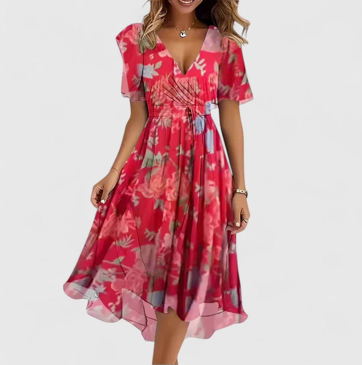 Vibrant floral print short dress for women, elegant V-neck, flutter sleeves, and a chic high-low cut.