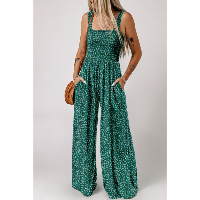 Women's versatile floral wide-leg jumpsuit, great for casual or elegant spring wear.