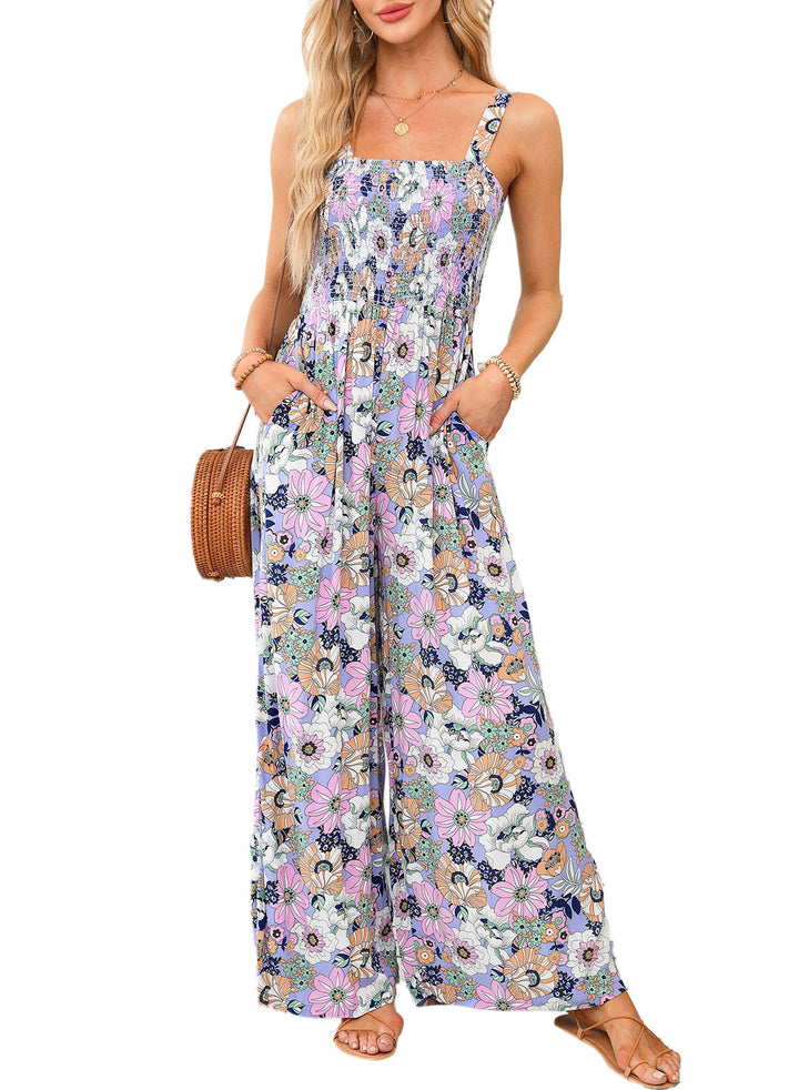 Women's spring elegant floral jumpsuit with comfortable wide-leg design.