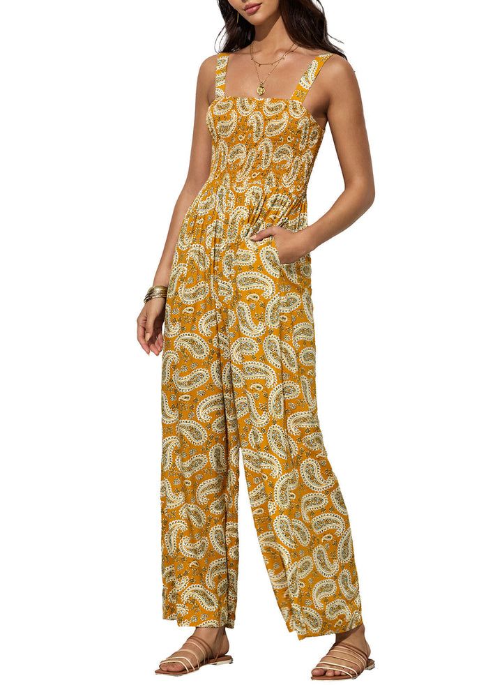 Full view of women's elegant floral wide-leg jumpsuit, ideal for spring fashion.
