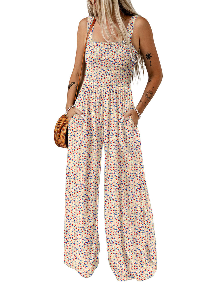Close-up of the floral pattern on the women's wide-leg spring jumpsuit.