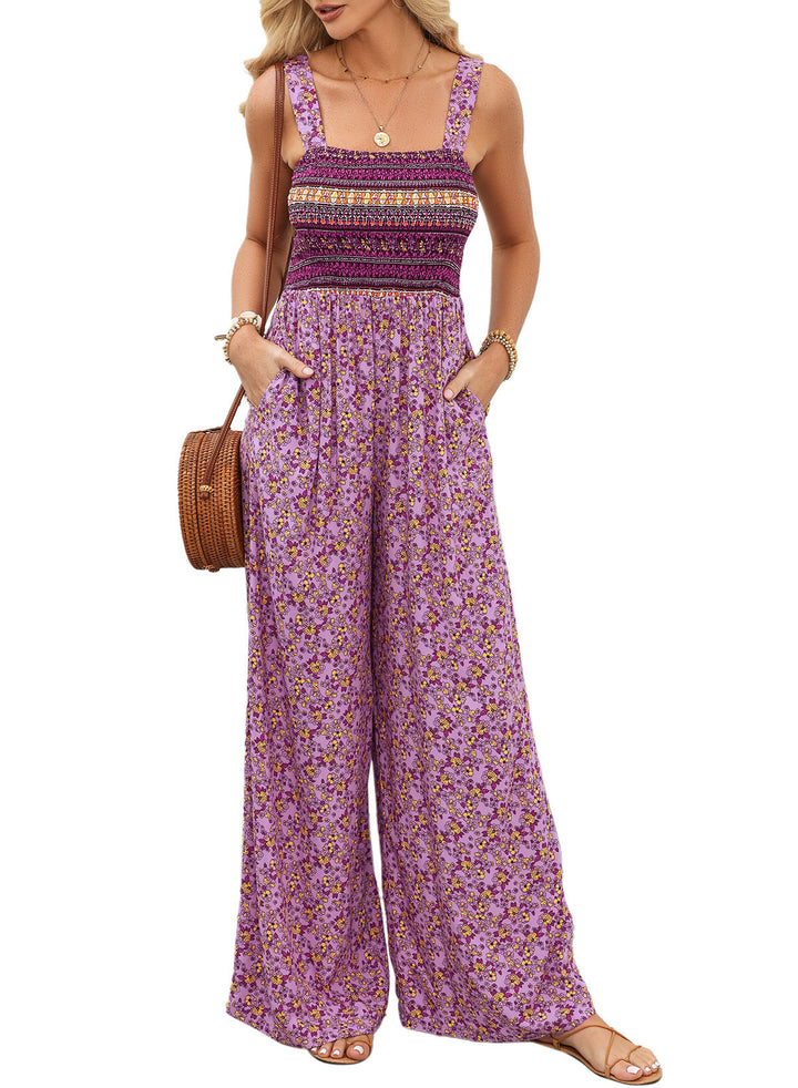 Back view of a woman wearing the elegant floral wide-leg jumpsuit for spring.