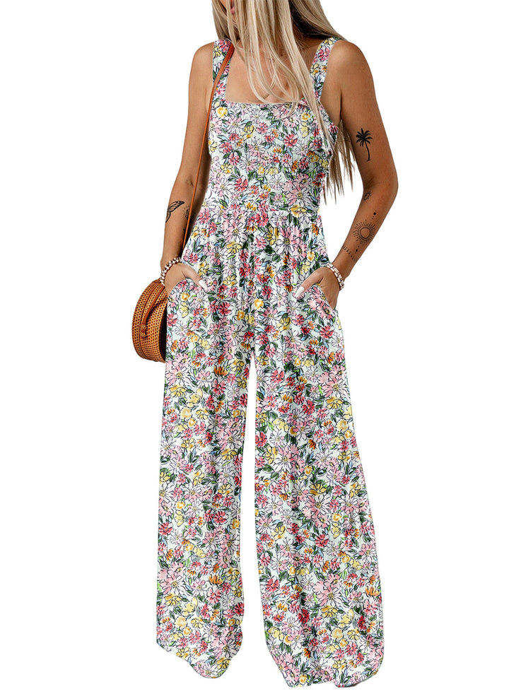 Stylish women's floral wide-leg jumpsuit, showcasing its comfort and elegance.