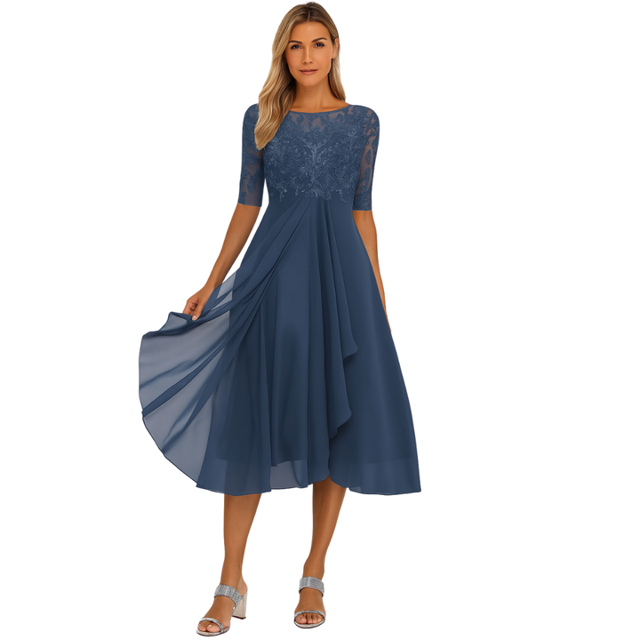 Elegant flowy midi dress for women, perfect for special occasions & evening wear. Sophisticated & graceful.