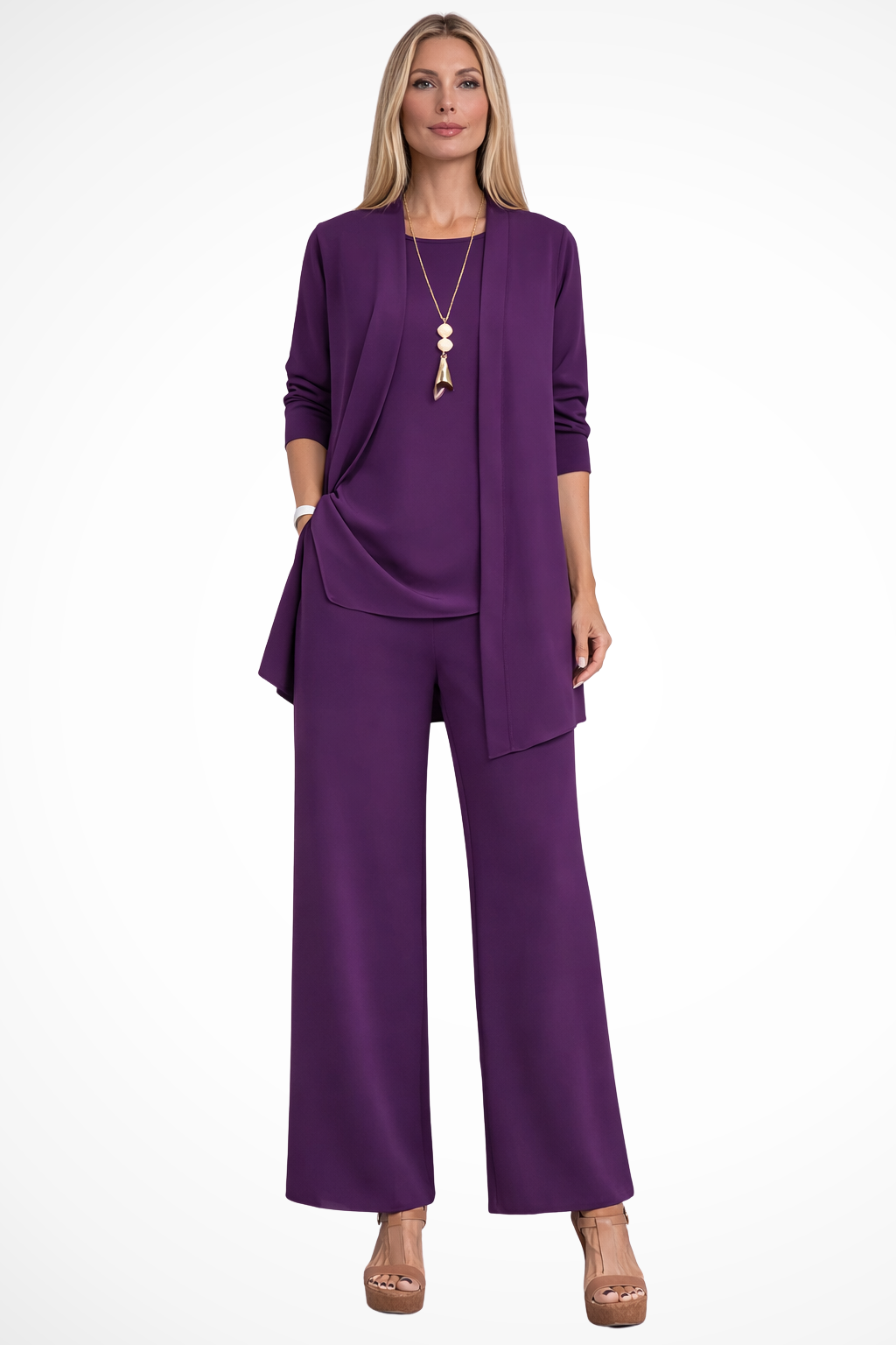 Modern women's 3-piece suit set, offering a sharp, formal look for business or celebration.