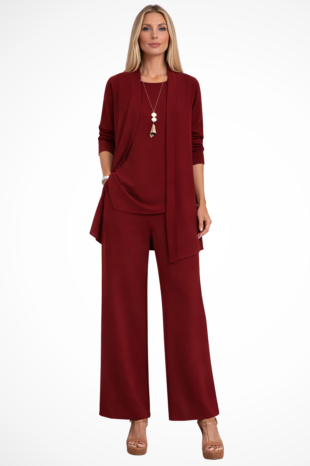 Women's elegant business suit: tailored blazer, vest, and trousers for a polished formal look.