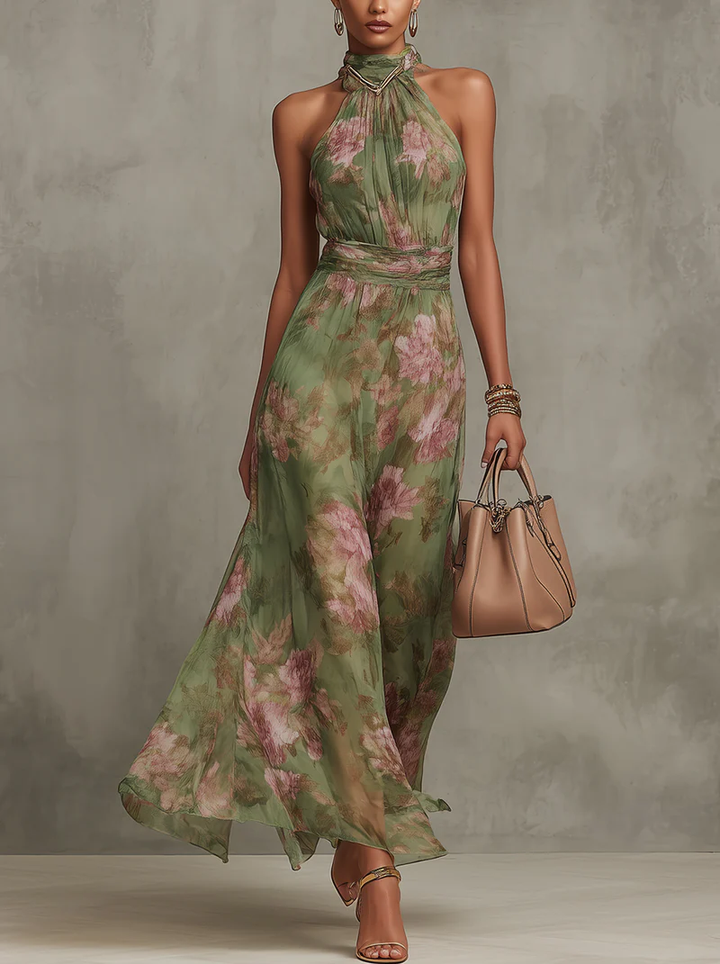 Elegant green boho maxi dress with a flowy A-line skirt, perfect for wedding guests or special occasions.