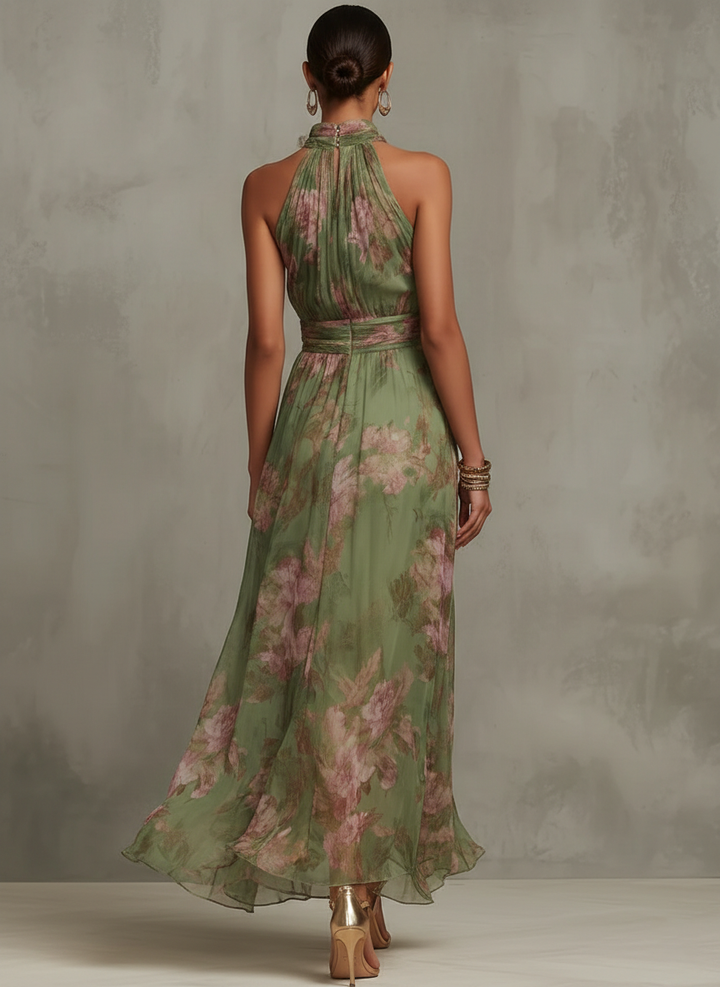 Women's elegant green halter neckline maxi dress, a formal A-line gown for summer parties or special events.