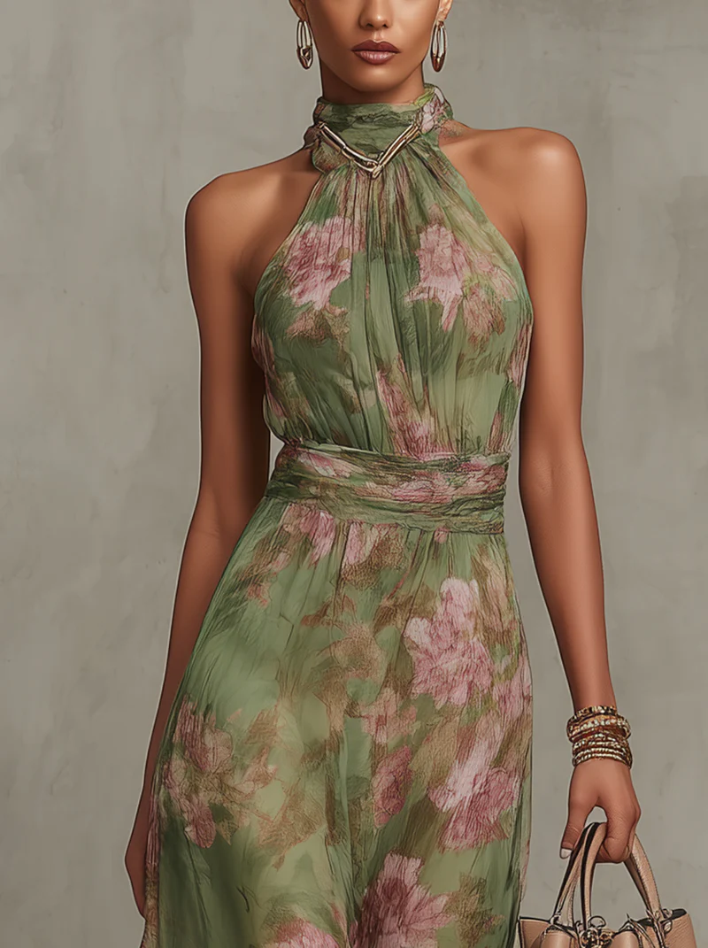 Flowy green boho chic maxi dress for women, an elegant party wear gown ideal for summer wedding guests.
