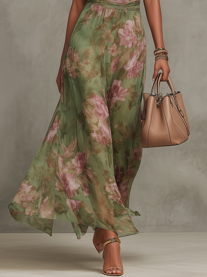 Women's elegant green boho maxi dress, an A-line formal gown perfect for wedding guests & special occasions.