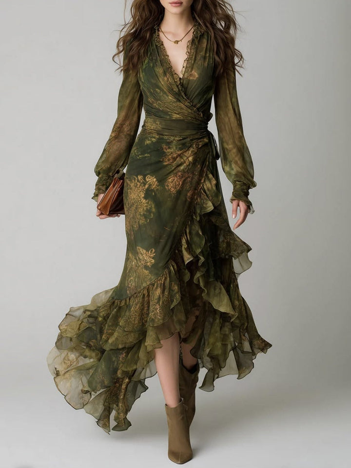 Elegant green floral wrap maxi dress for women, featuring a flattering V-neck and long sleeves, perfect for parties.