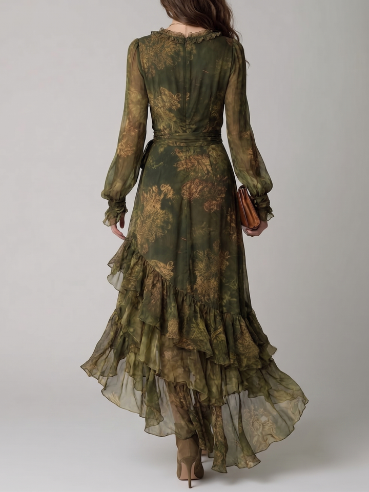 Women's green floral wrap maxi dress with ruffle tiered skirt & V-neck. Ideal elegant long sleeve occasion wear.