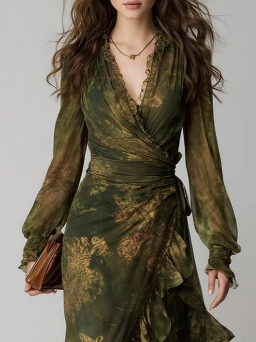 Beautiful women's floral print green wrap maxi dress. Stylish long sleeve design, perfect for elegant outdoor events.