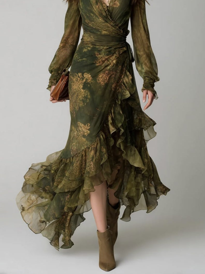 Green floral wrap maxi dress for women with elegant V-neck and ruffle tiers, long sleeves for special occasions.