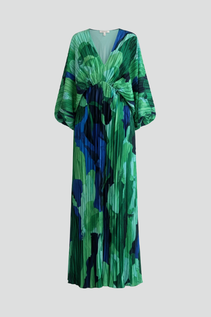 Elegant green V-neck pleated maxi dress for women, perfect for special occasions. Flowy long sleeve design.