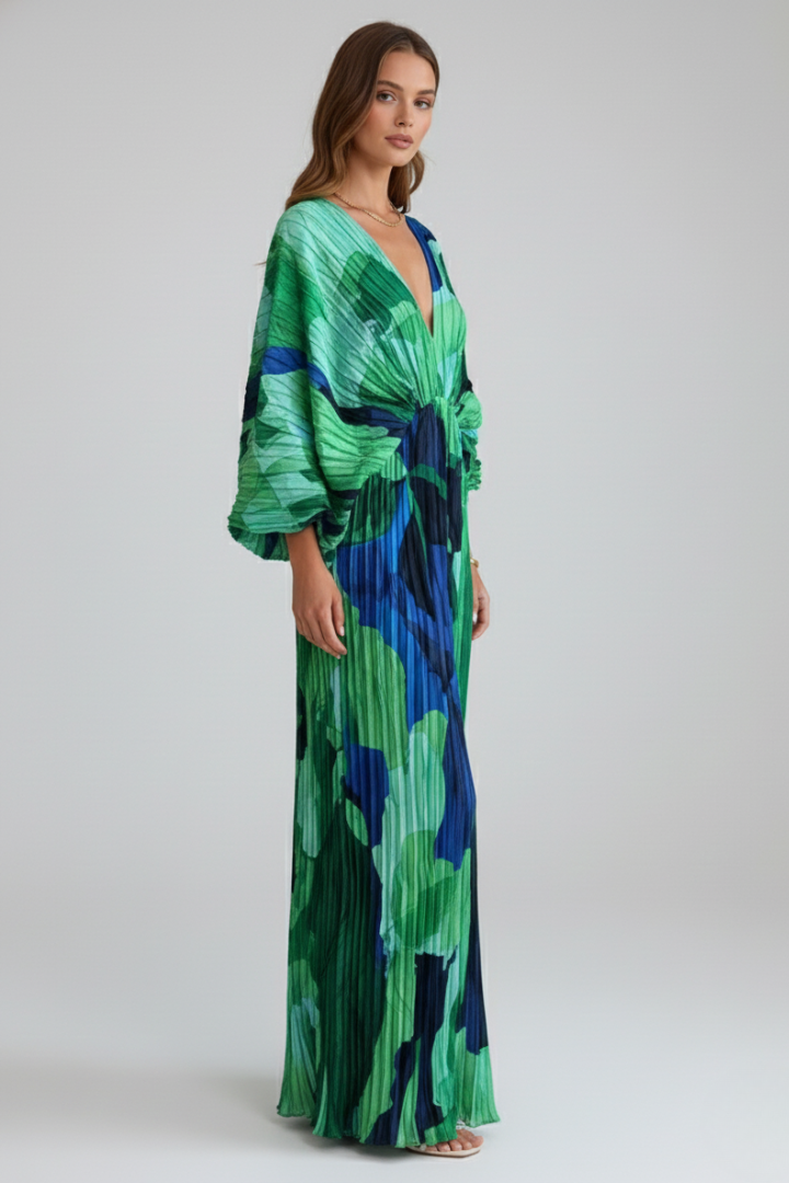 Sophisticated women's green long sleeve maxi dress featuring a V-neck and elegant pleats for occasions.