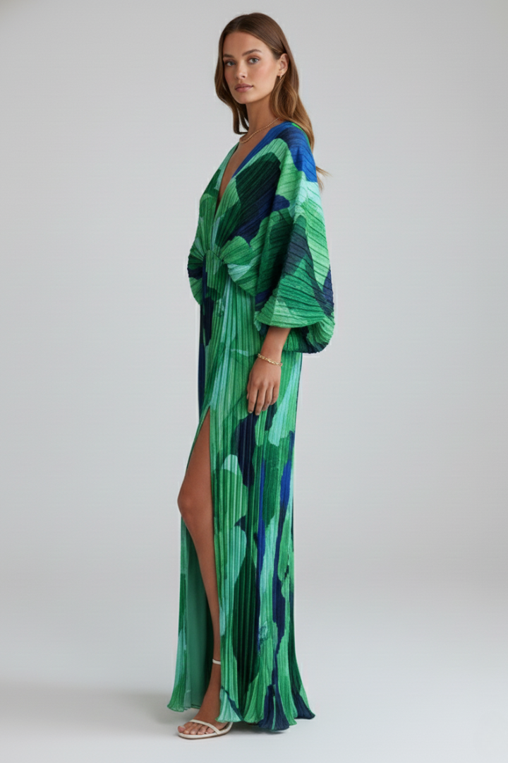 Comfortable & elegant women's green V-neck pleated maxi dress. Flowy long sleeves, perfect for events.