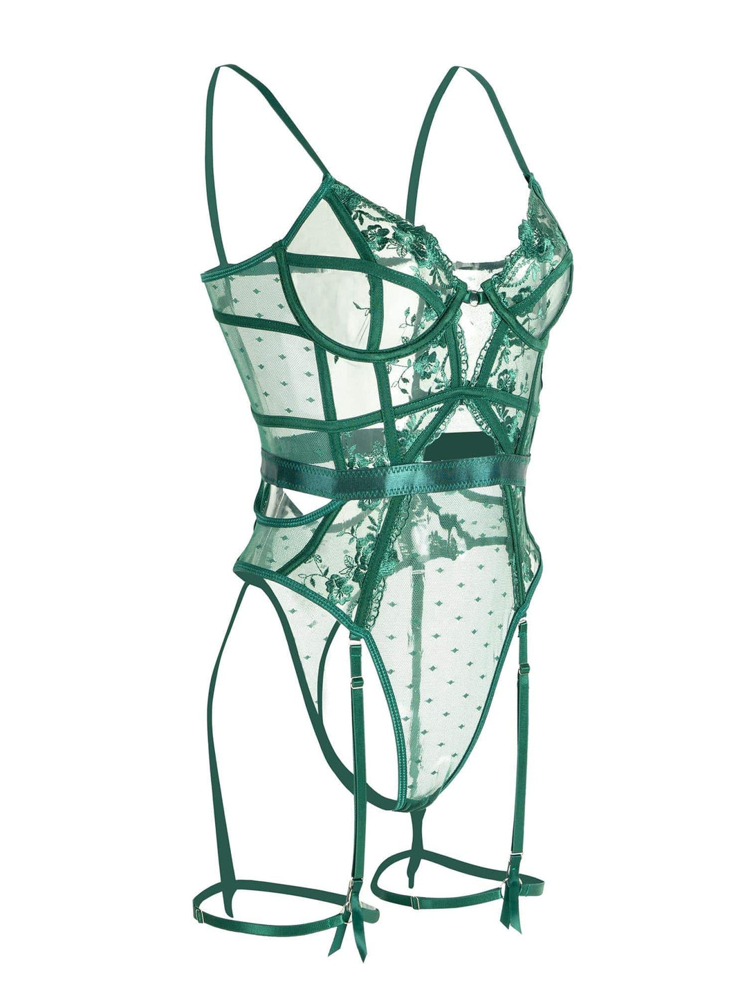New green lingerie bodysuit for women, designed with underwire for support & comfortable shaping. Versatile apparel.