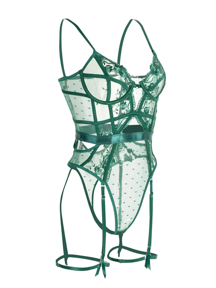 New green lingerie bodysuit for women, designed with underwire for support & comfortable shaping. Versatile apparel.
