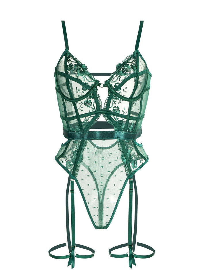 Chic women's green bodysuit with underwire & adjustable straps, offering elegant comfort for everyday wear or layering.