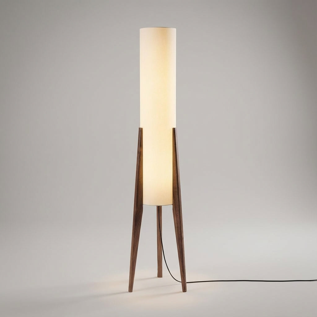 Stylish walnut wood floor lamp, ideal for modern home decor. Provides ambient LED light for living room comfort.