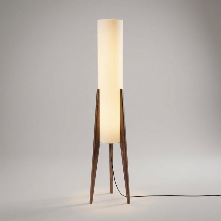 Stylish walnut wood floor lamp, ideal for modern home decor. Provides ambient LED light for living room comfort.