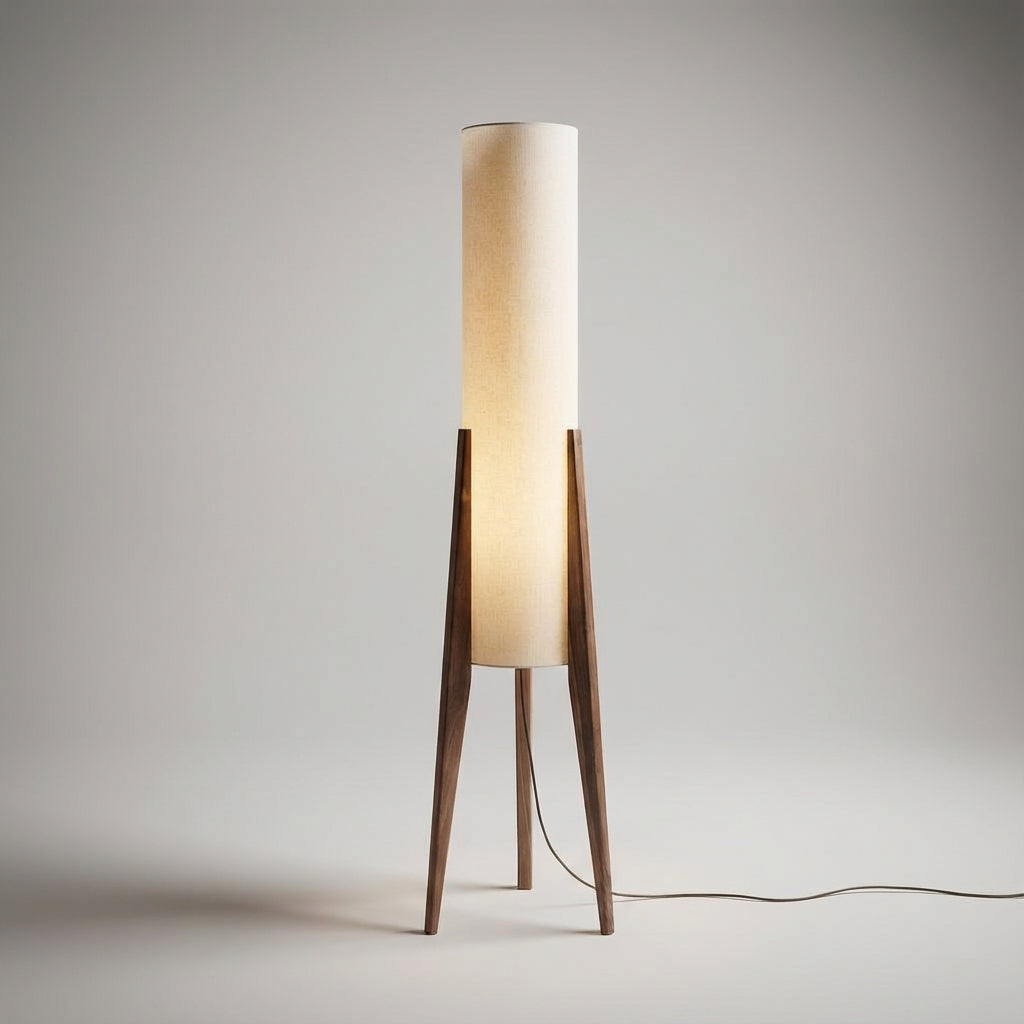 Contemporary accent floor lamp. Elegant walnut wood & LED for ambient lighting in a Scandinavian living room.