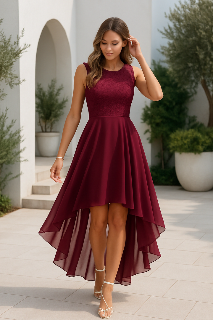 Stylish women's high-low cocktail dress with elegant detailing for parties