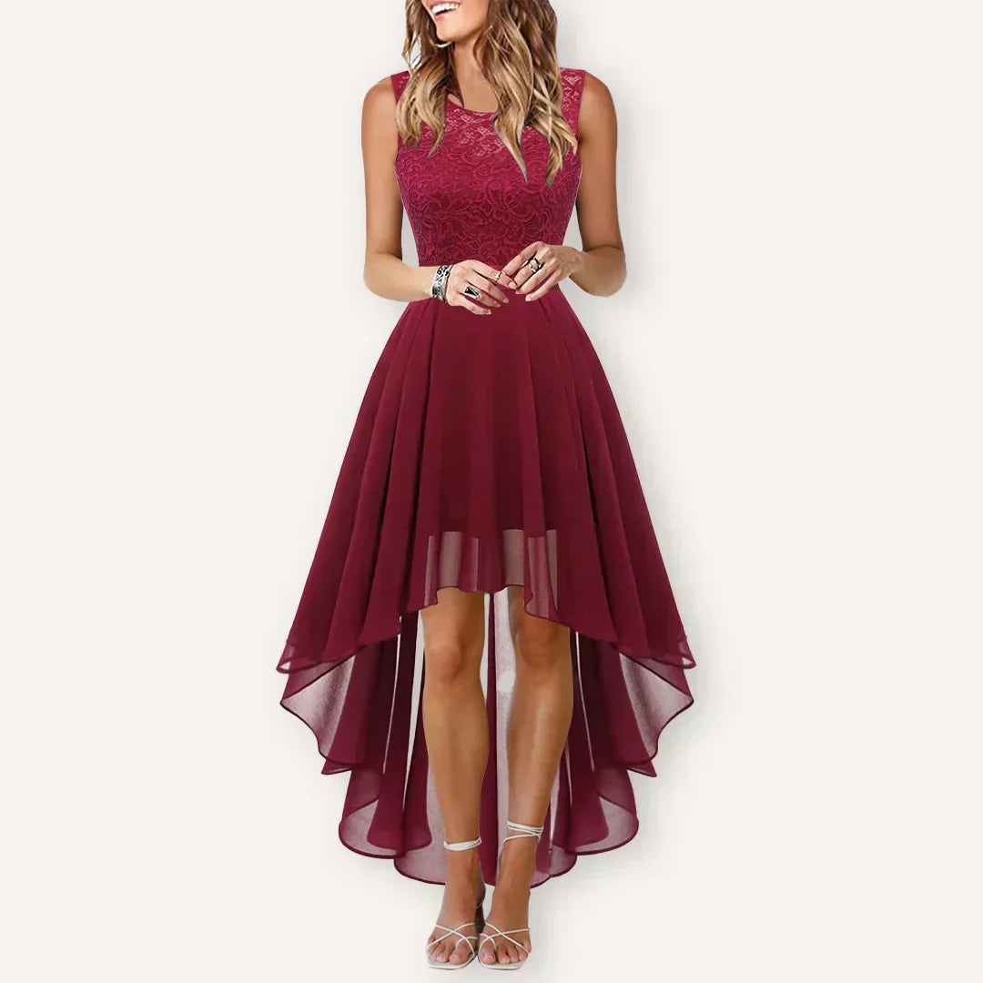 Front view of a beautiful high-low evening gown, ideal for wedding guests