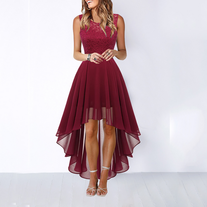 Side view of a women's elegant formal dress with a dramatic high-low hemline