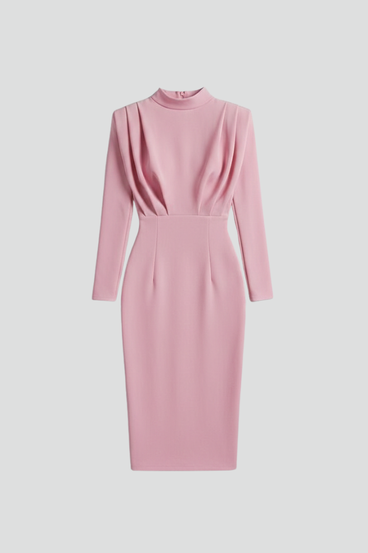 Elegant high-neck long sleeve ankle-length dress for women. Perfect for formal or evening events.