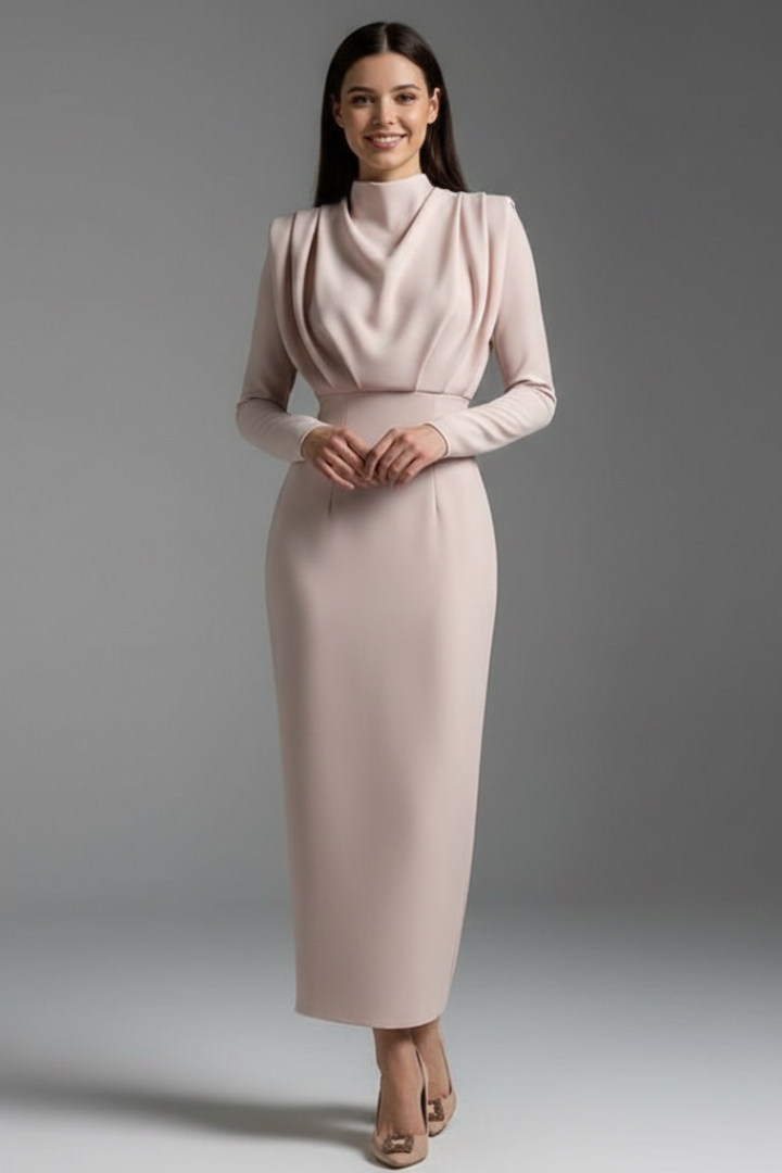 Fashionable women's versatile dress. High-neck, long sleeve, ankle length, suitable for many occasions.