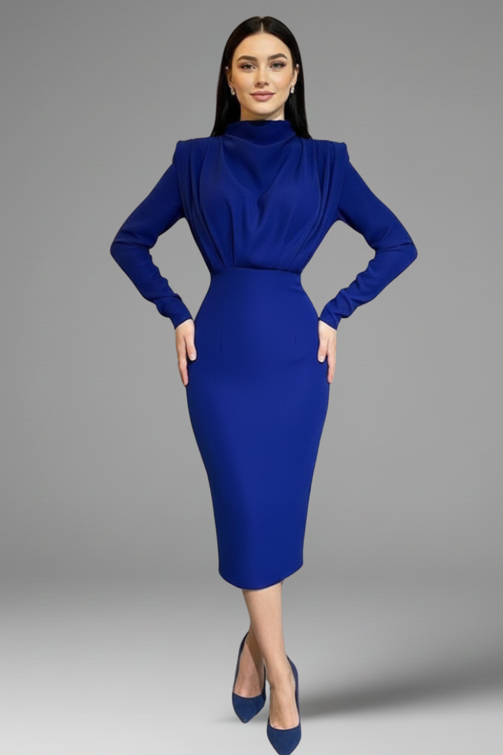 Stunning women's high-neck long sleeve dress, ankle length. Ideal for elegant formal or evening events.
