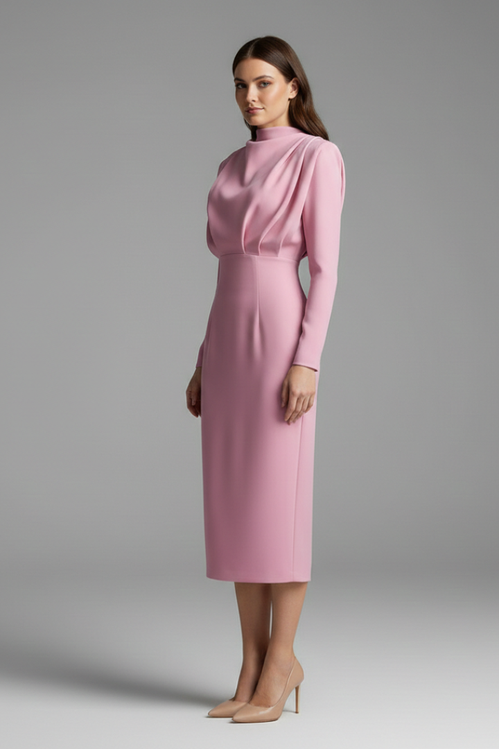 Stylish women's elegant dress with high neck, long sleeves, and ankle length. Ideal for formal wear.