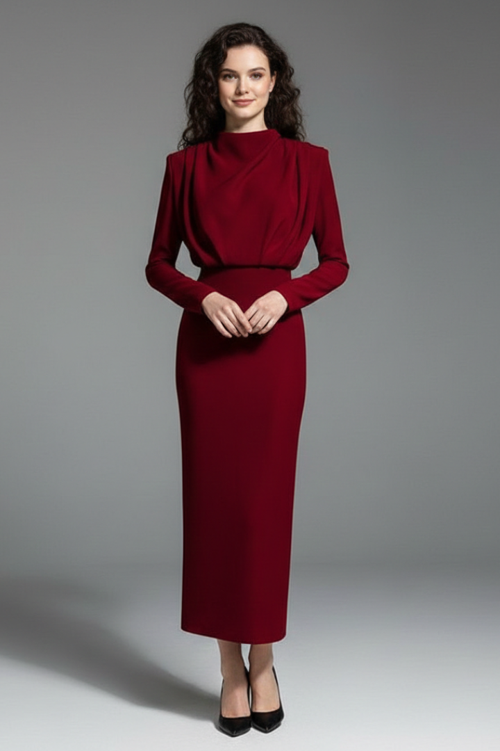 Chic women's high-neck long sleeve evening dress. Ankle length for a sophisticated formal look.